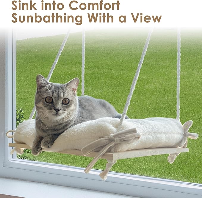 Petglidee CozyView™ Cat Window Perch – Wooden Cat Hammock with Plush Cushion, Strong Suction Cups & Easy Assembly for Indoor Cats