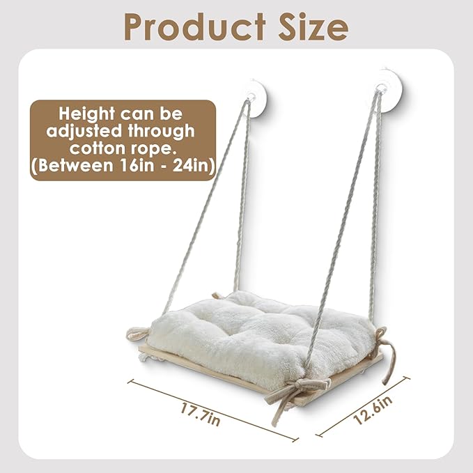 Petglidee CozyView™ Cat Window Perch – Wooden Cat Hammock with Plush Cushion, Strong Suction Cups & Easy Assembly for Indoor Cats