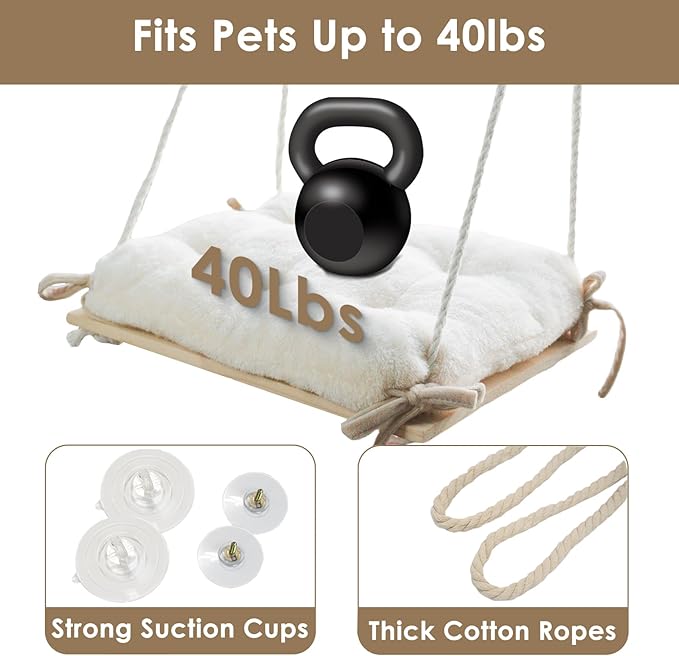 Petglidee CozyView™ Cat Window Perch – Wooden Cat Hammock with Plush Cushion, Strong Suction Cups & Easy Assembly for Indoor Cats