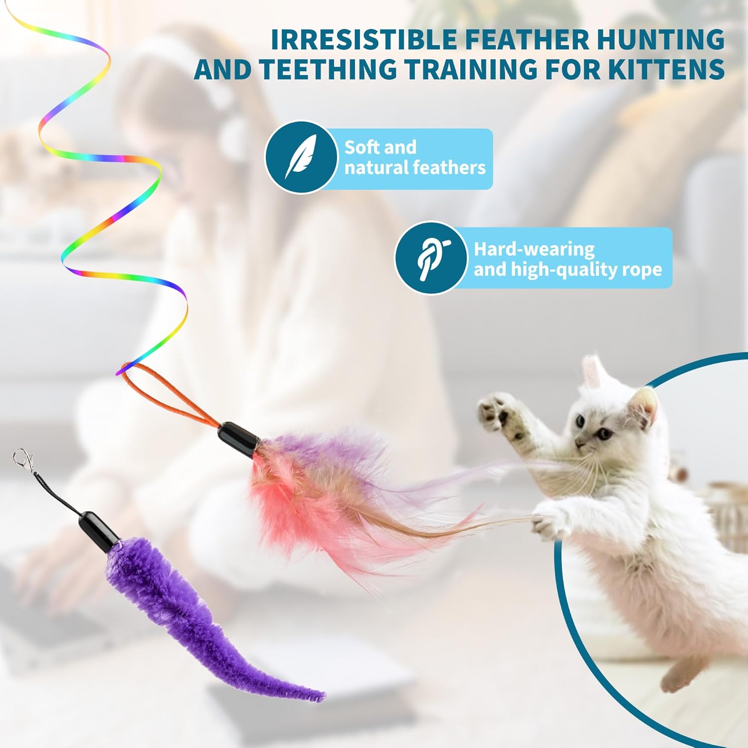 indoor cat playing with 360 degree feather teaser toy for exercise
