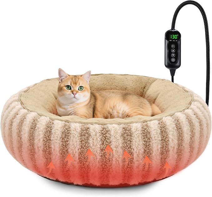 Petglidee Heated Cat Bed 20” – Adjustable Warm Donut Bed for Indoor Cats & Small Dogs