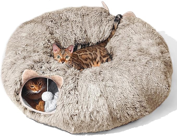 Petglidee Plush Cat Tunnel Bed – 2-in-1 Hideout & Playground for Indoor Cats, Soft Washable Donut Tunnel, Perfect Under Christmas Tree (Grey)