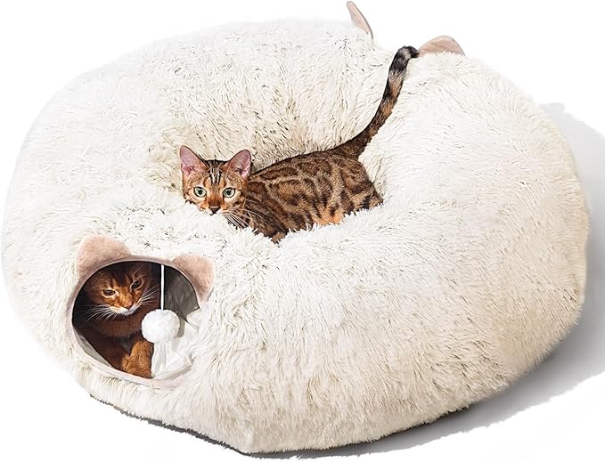 Petglidee Plush Cat Tunnel Bed – 2-in-1 Hideout & Playground for Indoor Cats, Soft Washable Donut Tunnel, Perfect Under Christmas Tree (Grey)