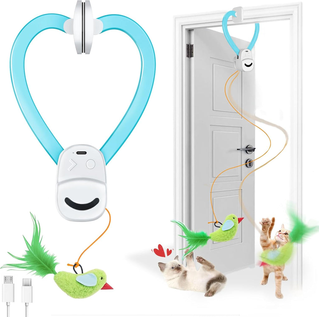 Petglide interactive flying bird cat toy hanging on door frame