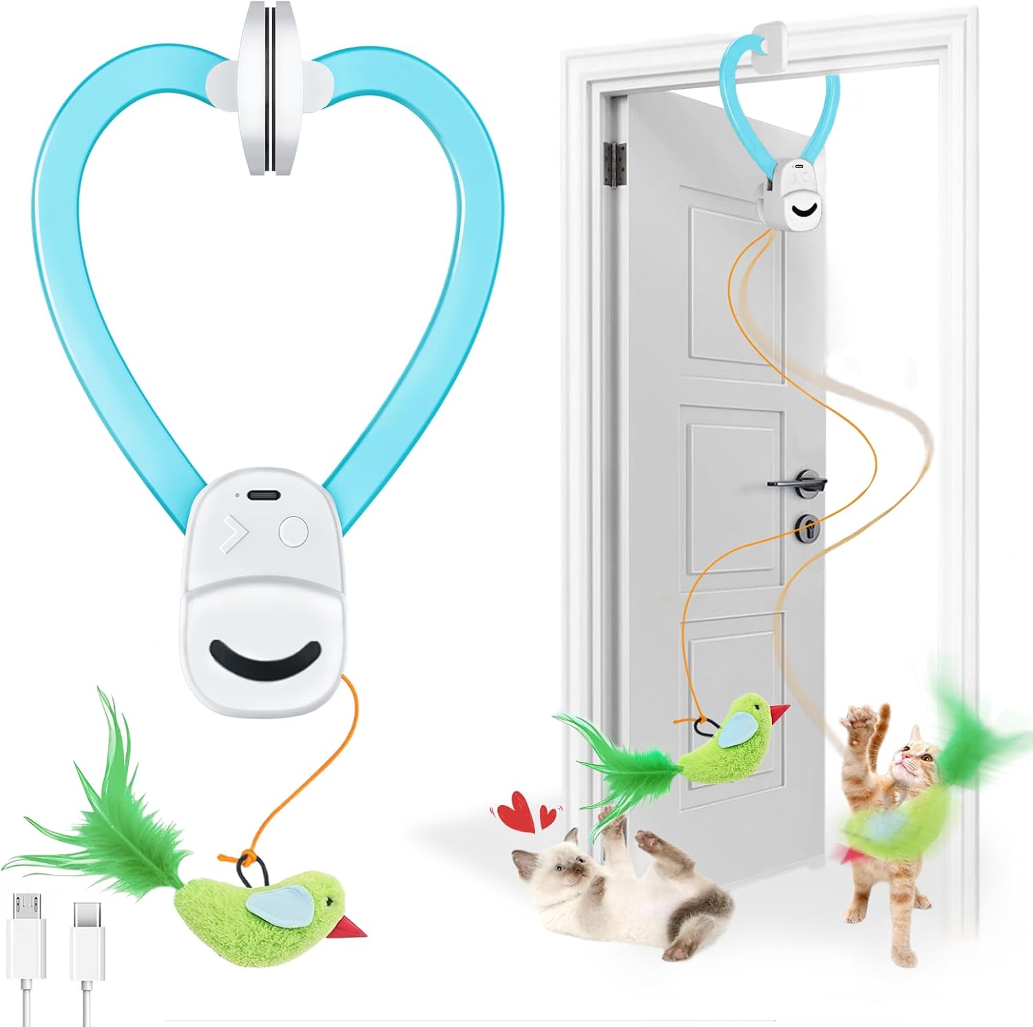 Petglide interactive flying bird cat toy hanging on door frame
