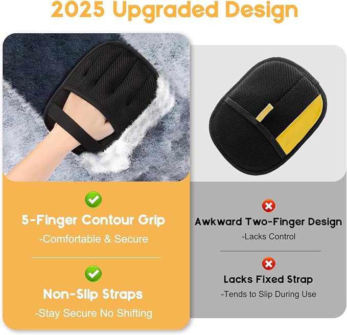 Five-finger grooming glove removing fur from couch