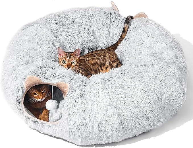 Petglidee plush grey cat tunnel bed for indoor cats