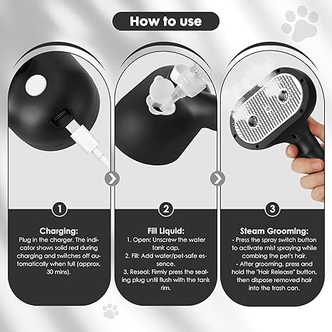 Rechargeable pet grooming brush with USB-C and water tank