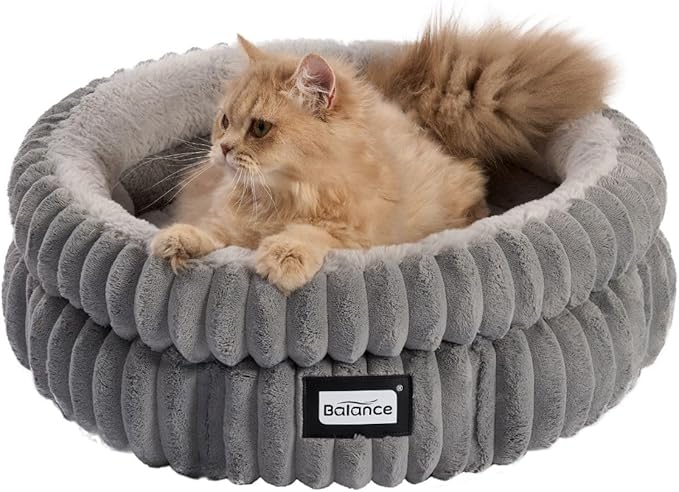 Petglidee round plush grey cat bed for indoor cats