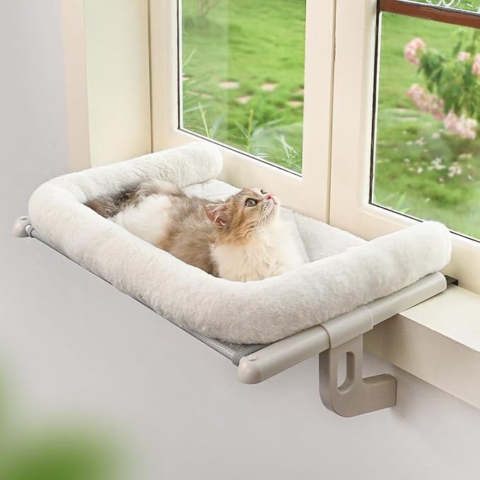 Petglidee Cat Window Sill Perch with Bolster Cushion – Adjustable Cat Window Seat for Large Cats, No Suction Cups, Easy Install (Grey)